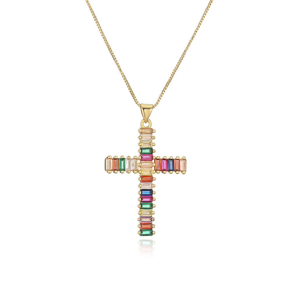 Minimalist Geometric Pendant Necklace for Women Made of Brass with Real Gold Plating and Rainbow Zircon Inlay