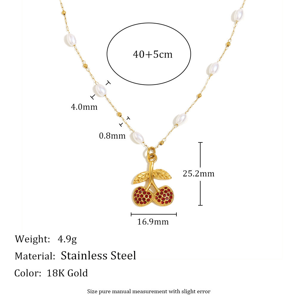 Elegant Cherry-Shaped Stainless Steel Pendant Necklace with 18K Gold Plating and Simulated Pearl Accents for Women