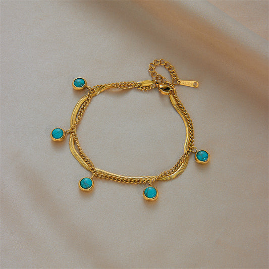 Bracciale con ciondolo a doppio strato turchese in acciaio al titanio, finitura placcata, stile minimalista vintage