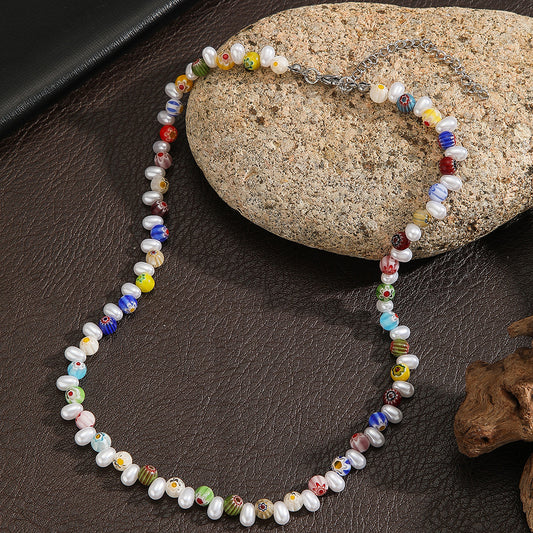 Bohemian Colorful Glass Bead Imitation Pearl Asymmetric Geometric Handmade Necklace for Unisex