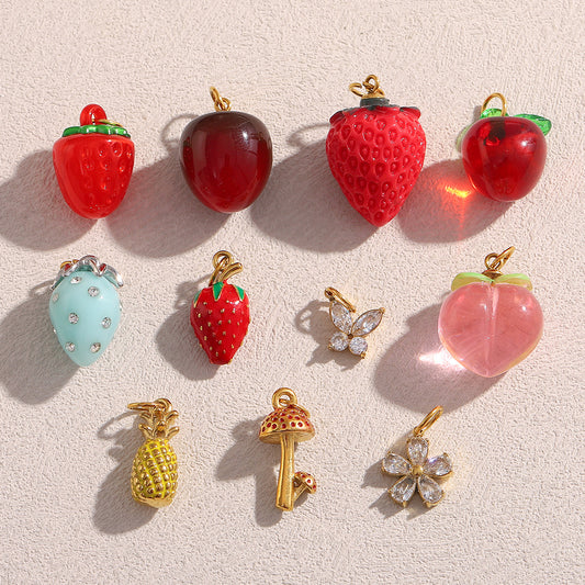 Elegante Colgante de Barra con Dijes de Mariposa, Flor, Fruta y Circonita Cúbica, de Acero Inoxidable Chapado en Oro de 18K