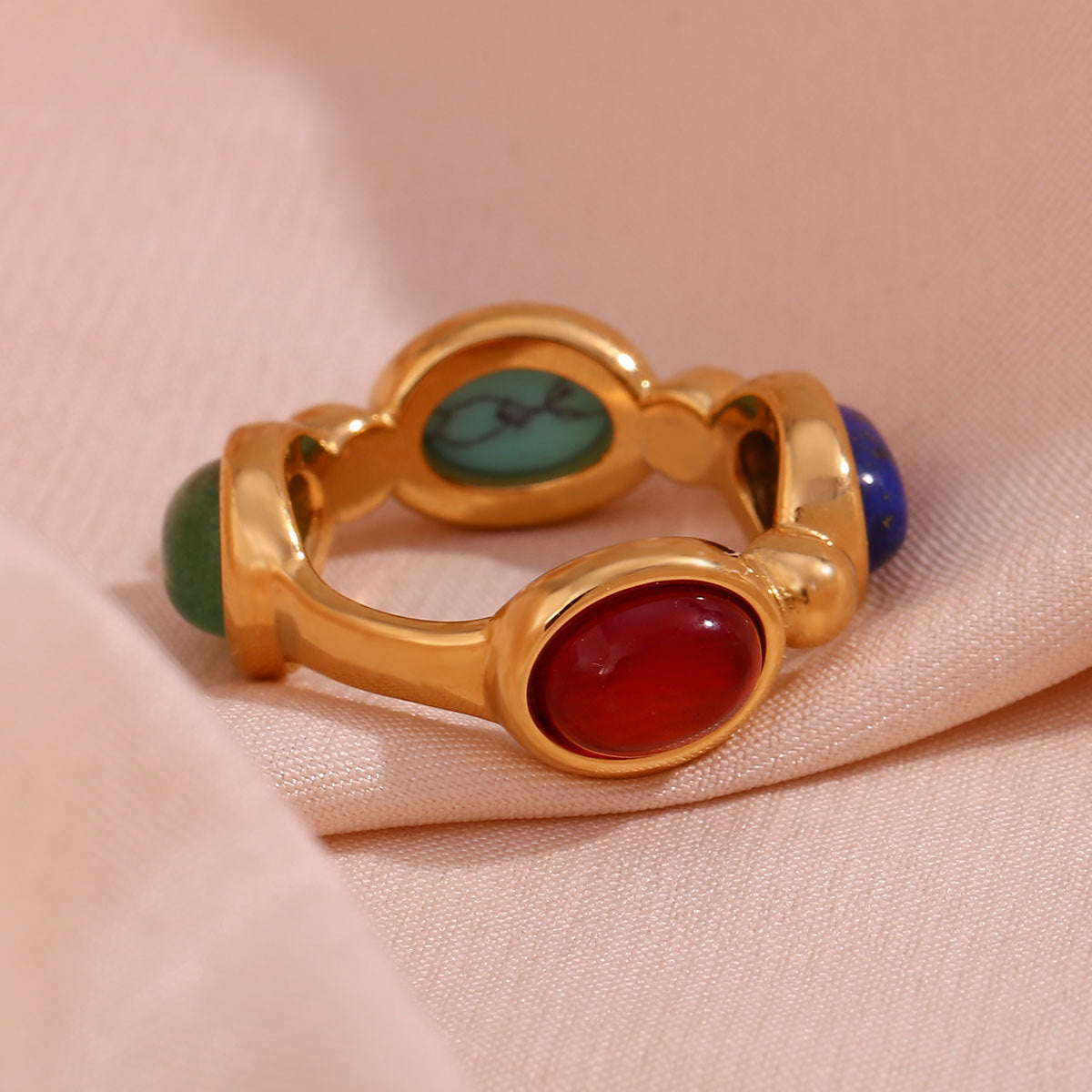 Minimalist Geometric Stainless Steel Ring with 18K Gold Plating and Micro-Paved Natural Colored Stones for Women