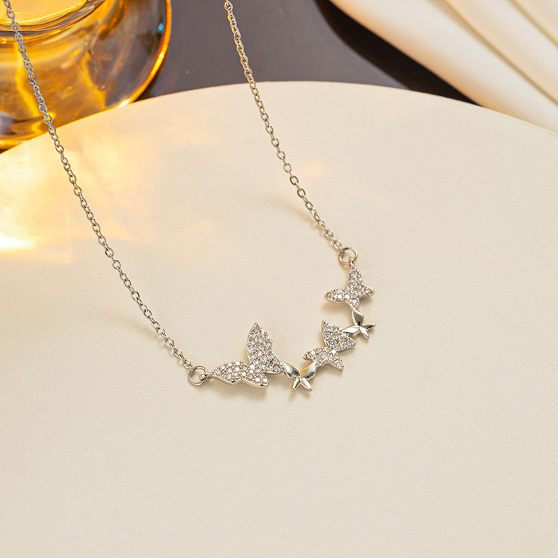 Minimalist Butterfly Pendant Necklace for Women Titanium Steel with Rhinestone Inlay Snake Chain Cold Aesthetic Clavicle Necklace