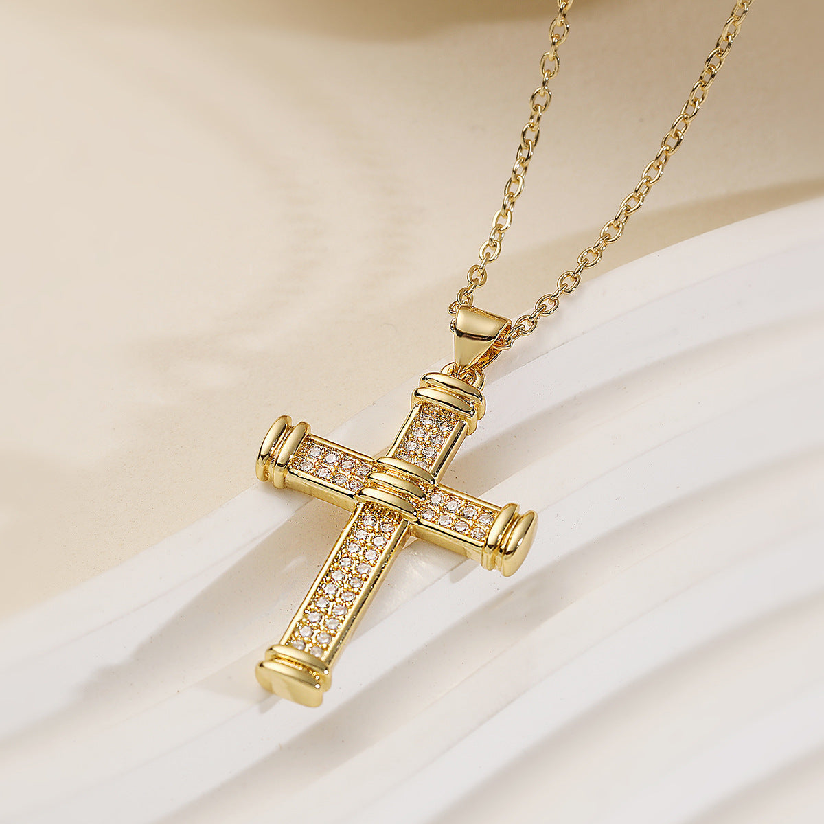 Minimalist Luxe Cross Pendant Necklace for Women with Copper Base Plated in 18K Gold and Zircon Inlay