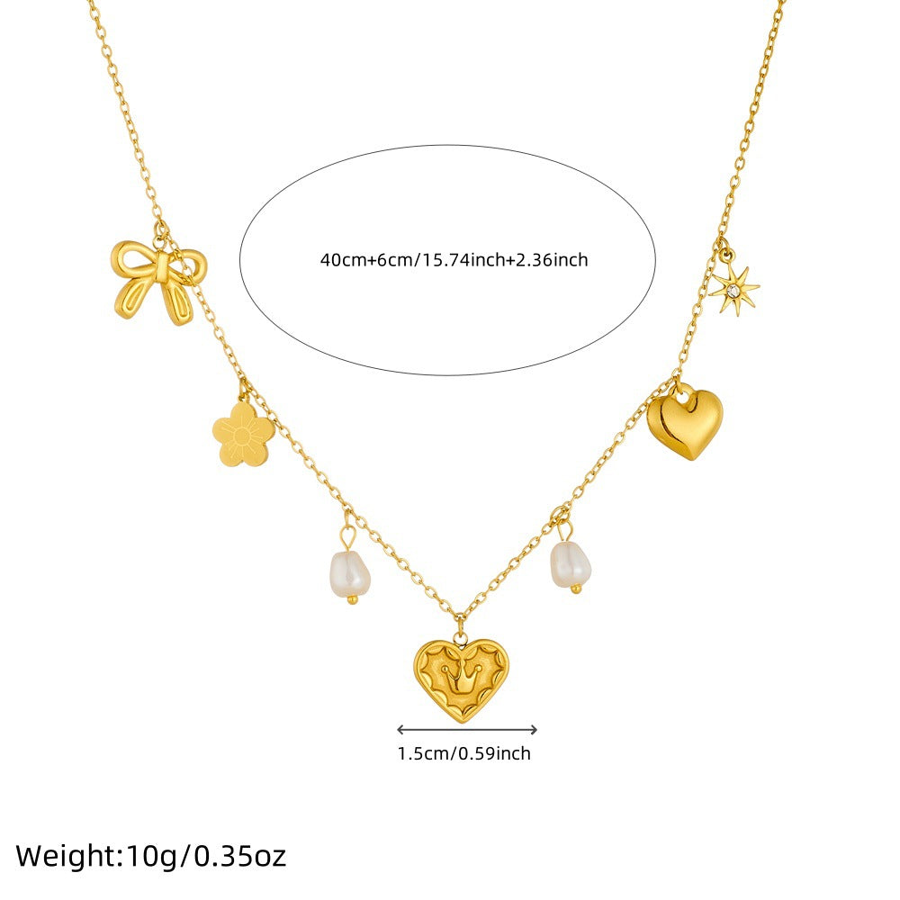 Minimalist Fashion Heart Crown Bowknot Pearl Necklace in Stainless Steel with Plating Finish on O-Chain for Women