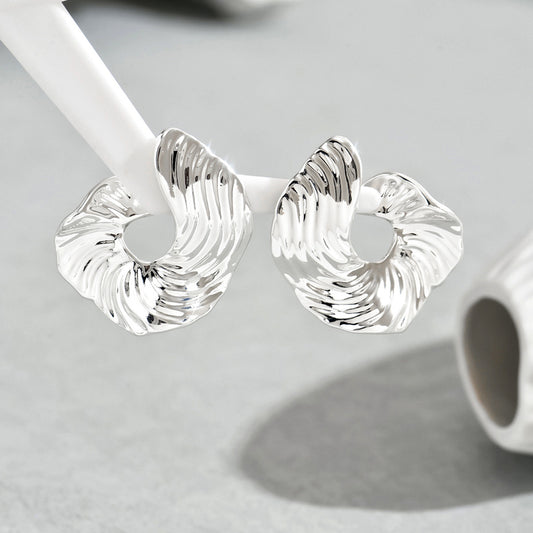 Minimalist Geometric U-Shaped Earrings for Women Zinc Alloy Electroplated with Textured Pleated Finish