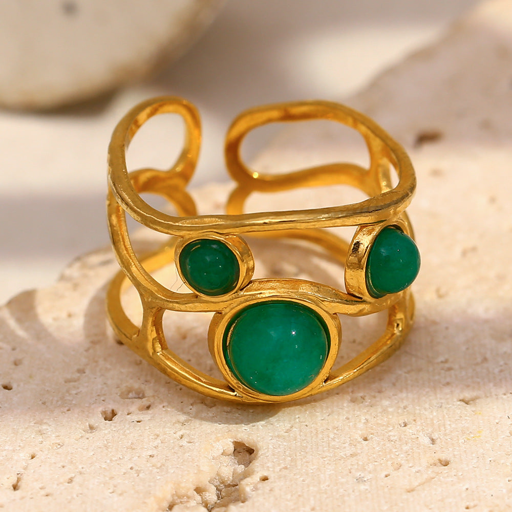 Fashionable Geometric Stainless Steel Ring with 18K Gold Plating and Emerald Accent for Women