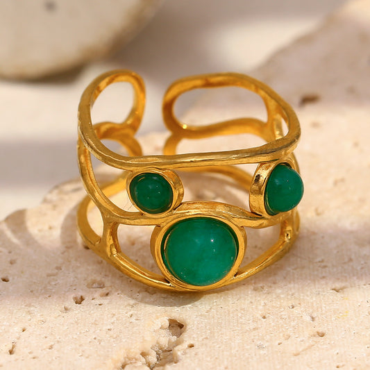Fashionable Geometric Stainless Steel Ring with 18K Gold Plating and Emerald Accent for Women
