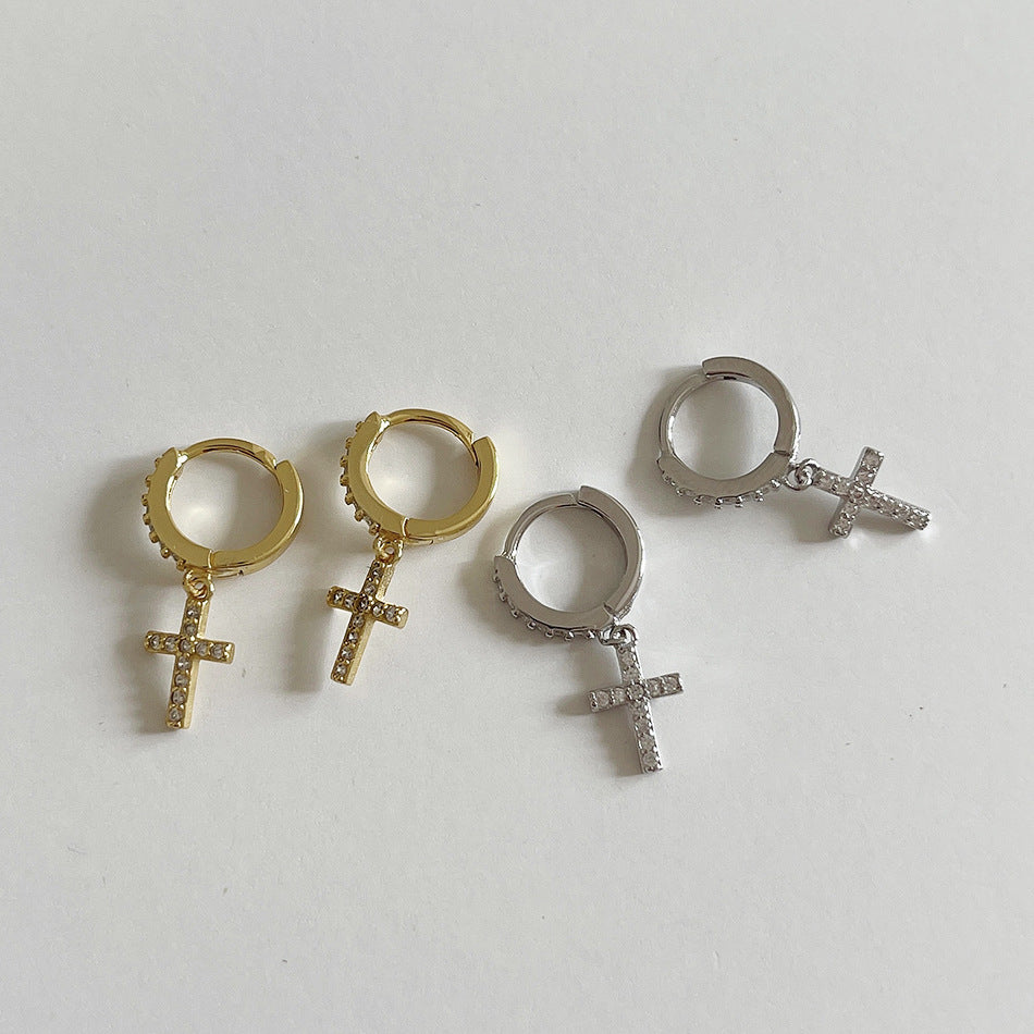 Dulces aretes de aro minimalistas con cruz de plata de ley 925 chapados en diamantes de imitación para mujer