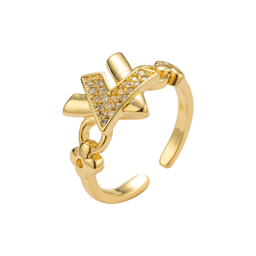Minimalist X-Shaped Micro-Paved Zircon Stud Bracelet and Ring Set with Gold-Plated Copper Adjustable Bangle for Women