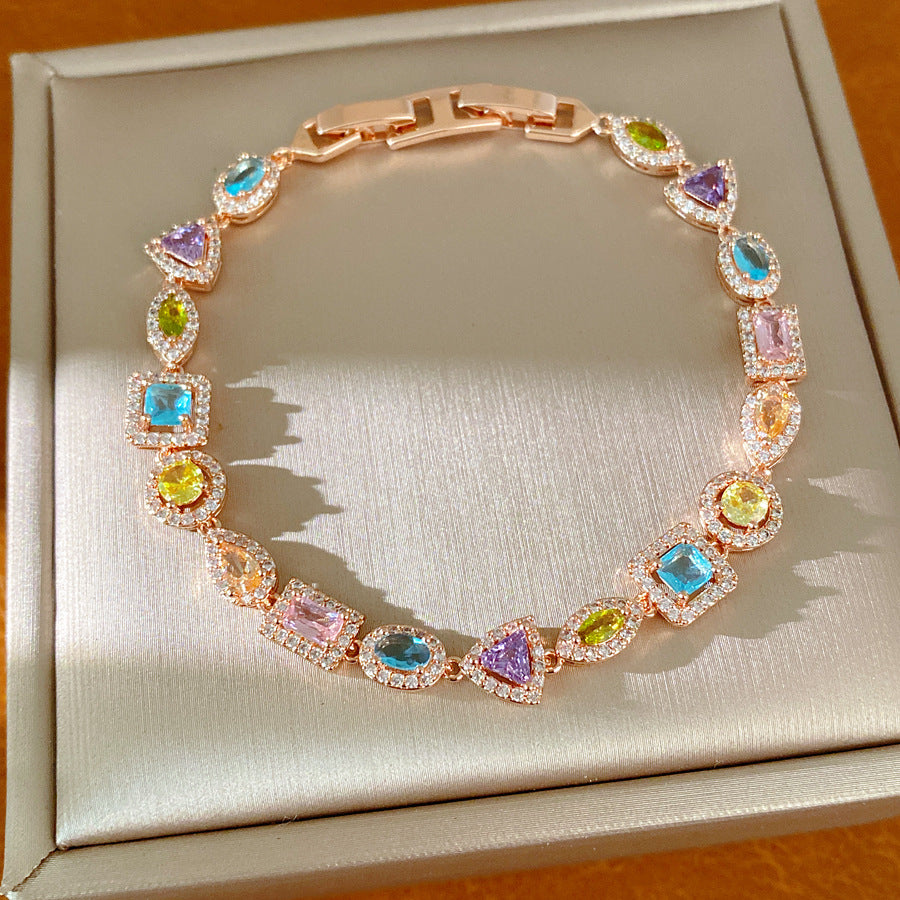 Luxury Elegant Oval Triangle Square Brass Inlaid Cubic Zirconia Bracelet for Women