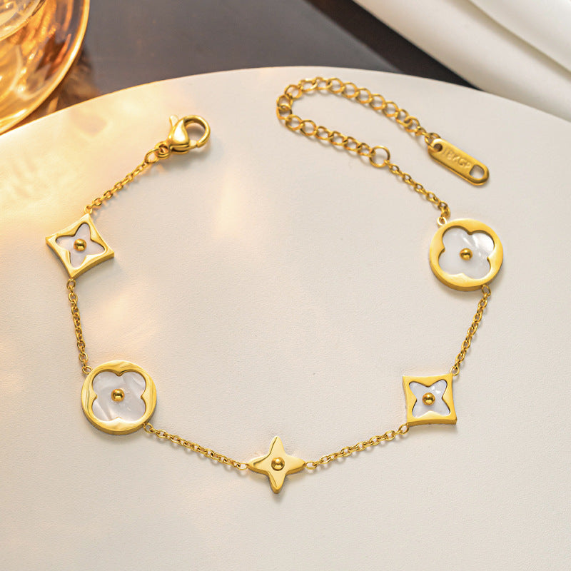 Minimalist Clover-Shaped Titanium Steel Bracelet Set with Gold Inlay for Women, O-Chain Design, Lightweight and Fade-Resistant