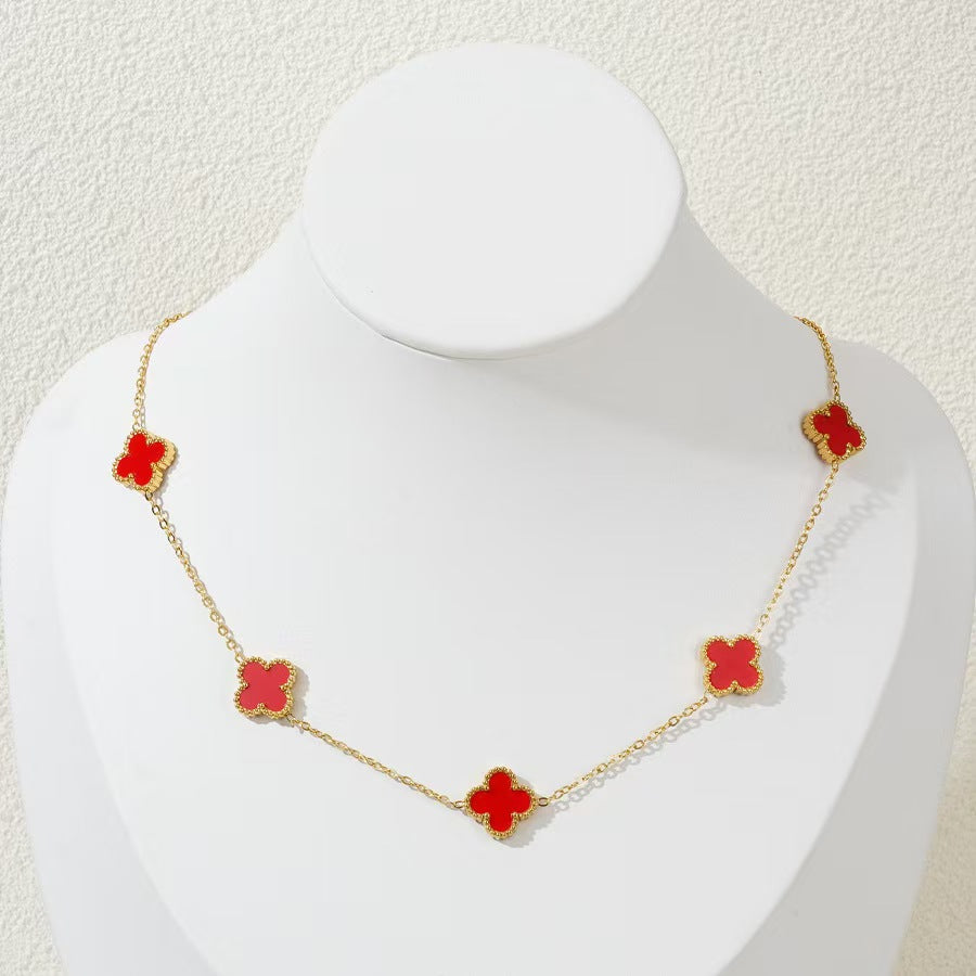 Elegant 9mm Four-Leaf Clover Floral Acrylic Pendant Gold Plated Titanium Steel Necklace for Women
