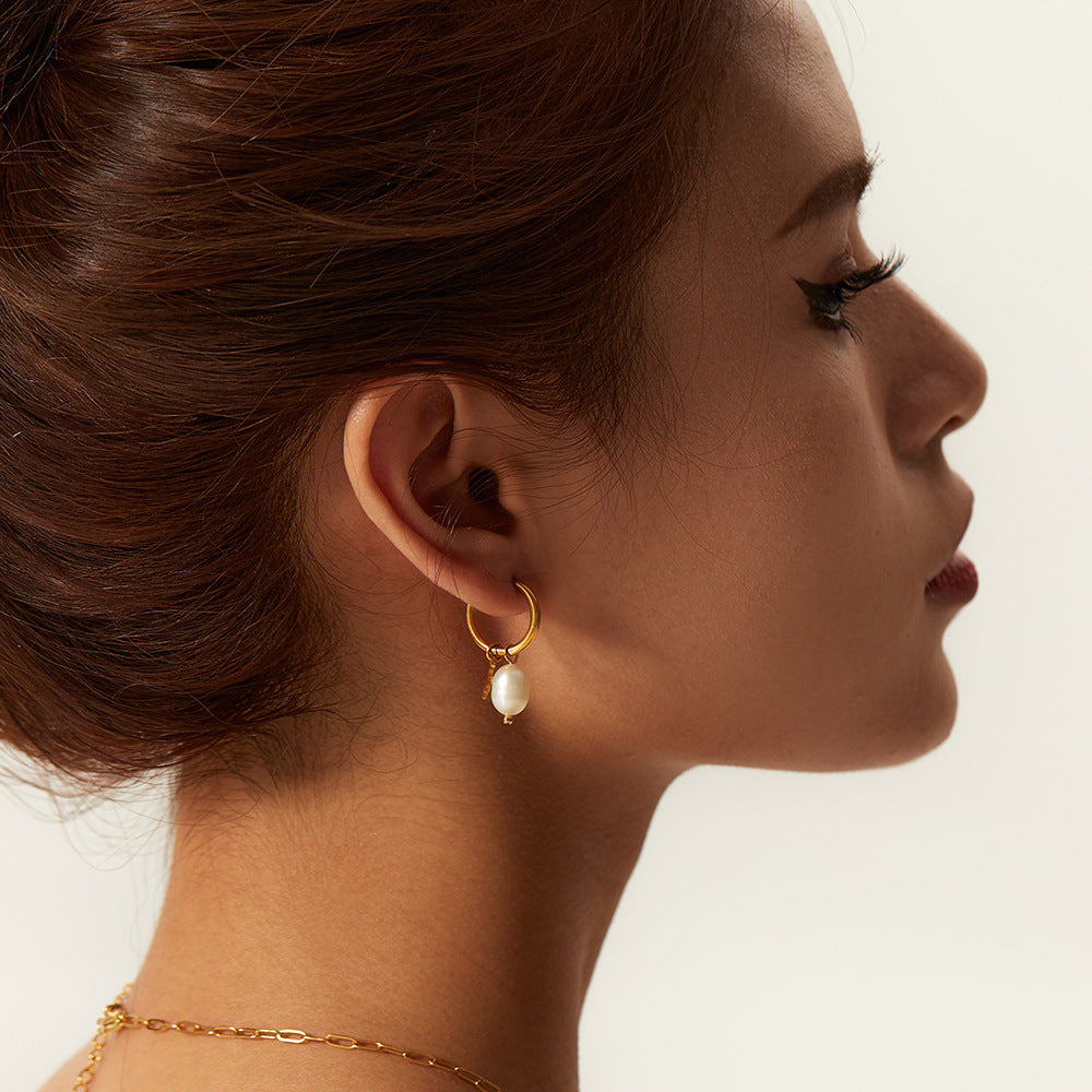 Fashionable Ins Style 18K Gold Plated Stainless Steel Star Pearl Drop Earrings for Women