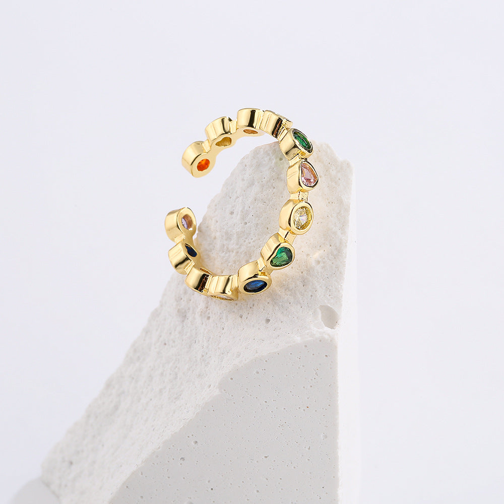Geometric Open Ring in Copper with 18K Gold Plating and Colorful Zirconia, Minimalist Fashion Accessory for Women