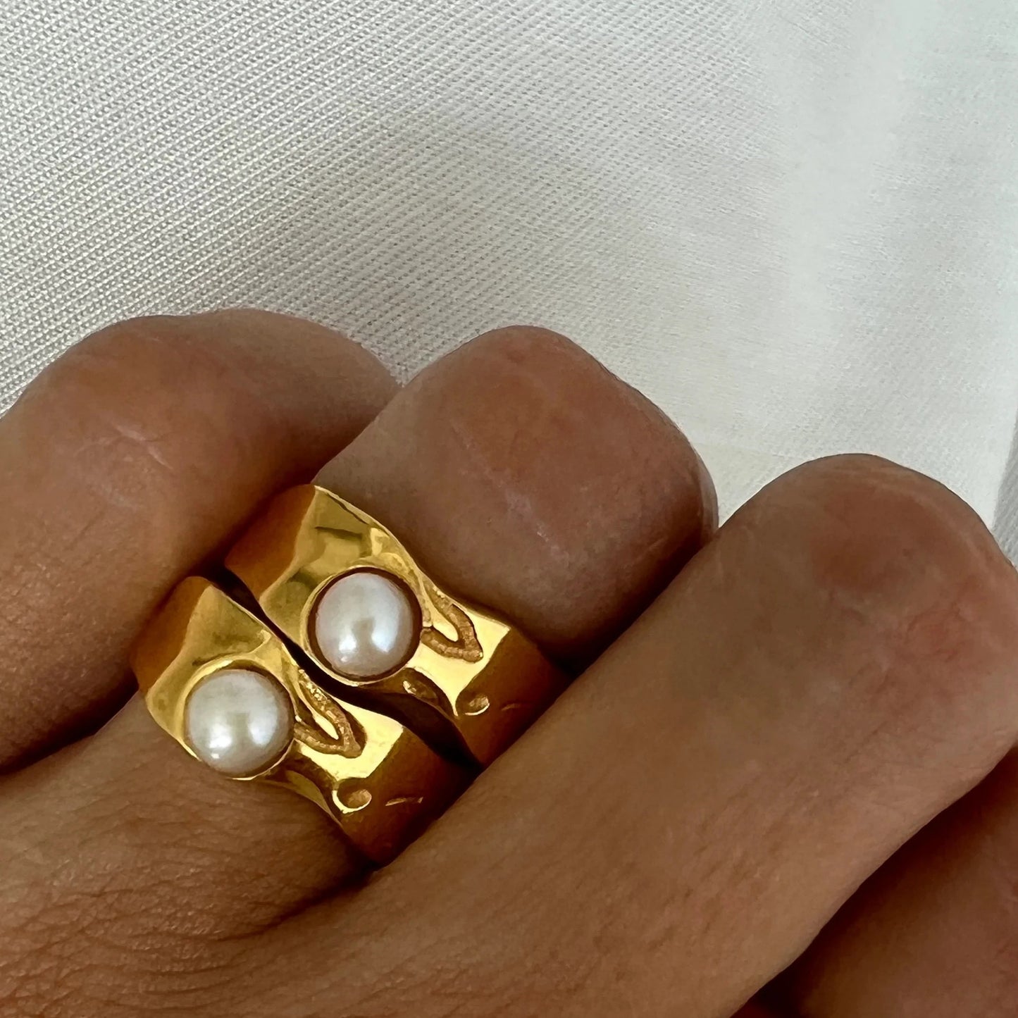 INS Style Geometric Lava Pearl Ring in Stainless Steel with 18K Gold Plating for Women