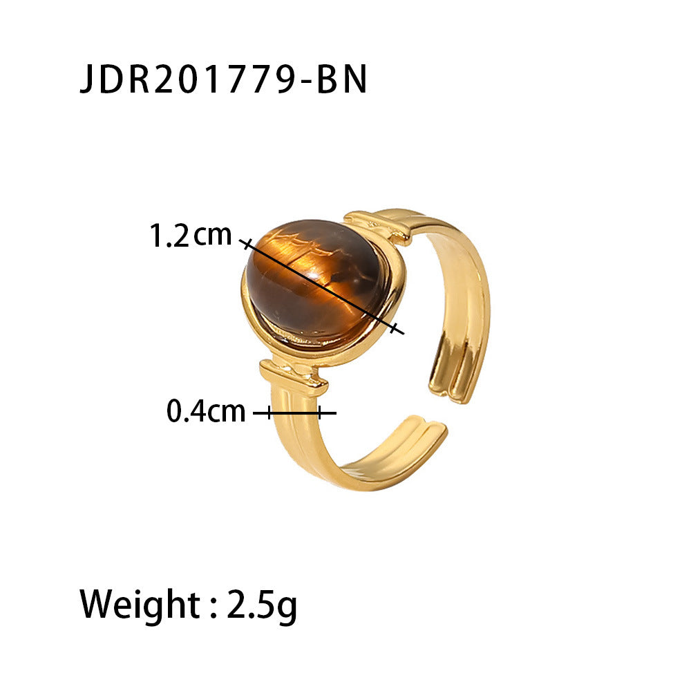 Anello da donna aperto stile Ins geometrico ovale con occhio di tigre verde viola, pietra semipreziosa placcata oro 18 carati