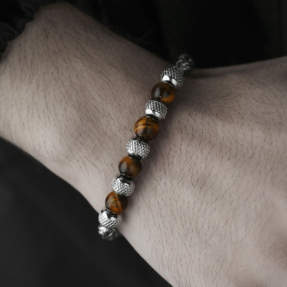 Men's Natural Tiger's Eye and Lapis Lazuli Beaded Bracelet Stainless Steel Geometric Round Stone Jewelry