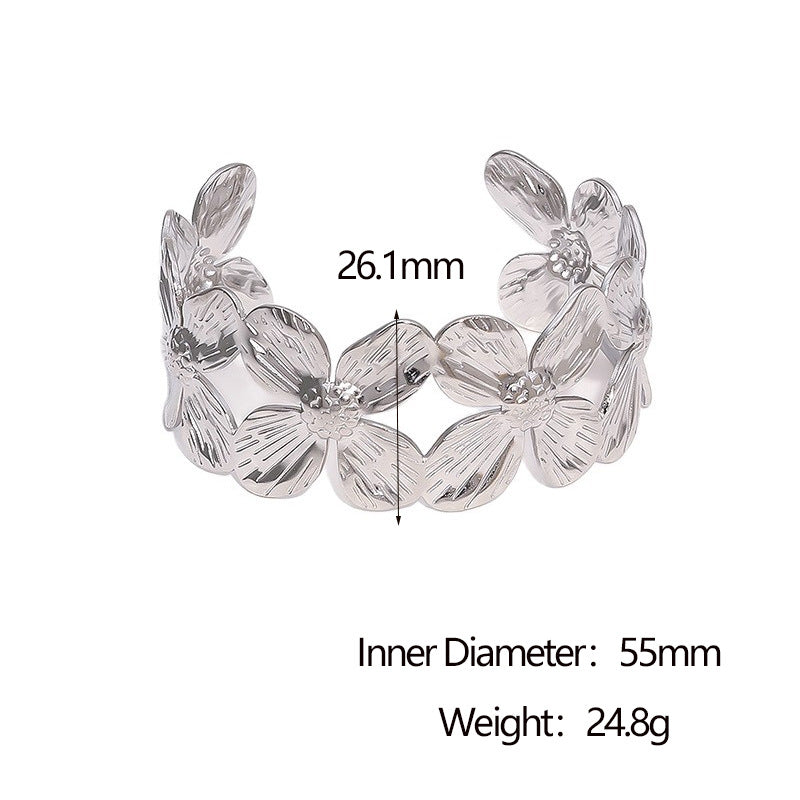 Bracciale a fascia larga minimalista in acciaio inossidabile placcato oro 18 carati con design floreale