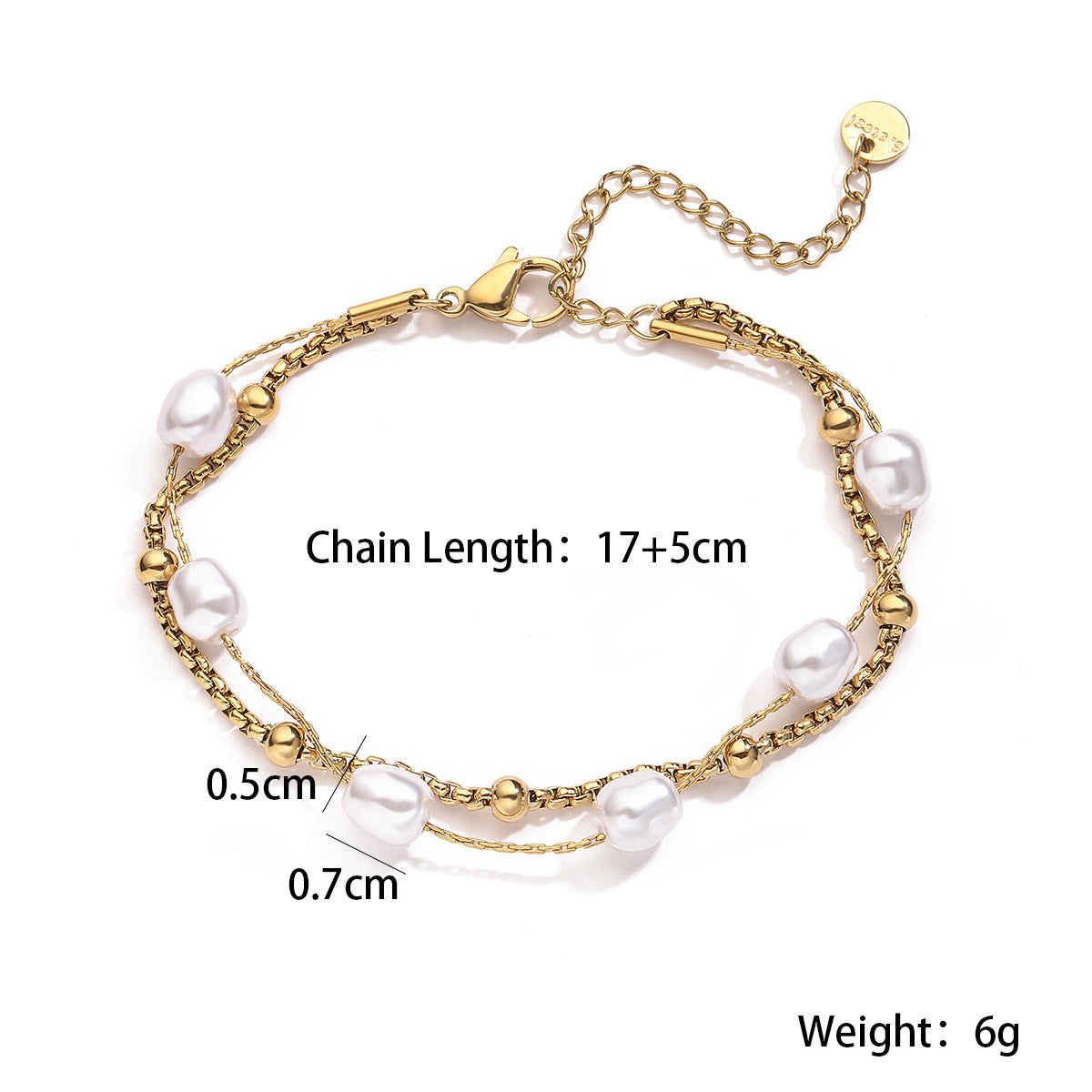 Minimalist Gold Plated Geometric Stainless Steel Bracelet with Pearl Irregular Double Layer Design for Women