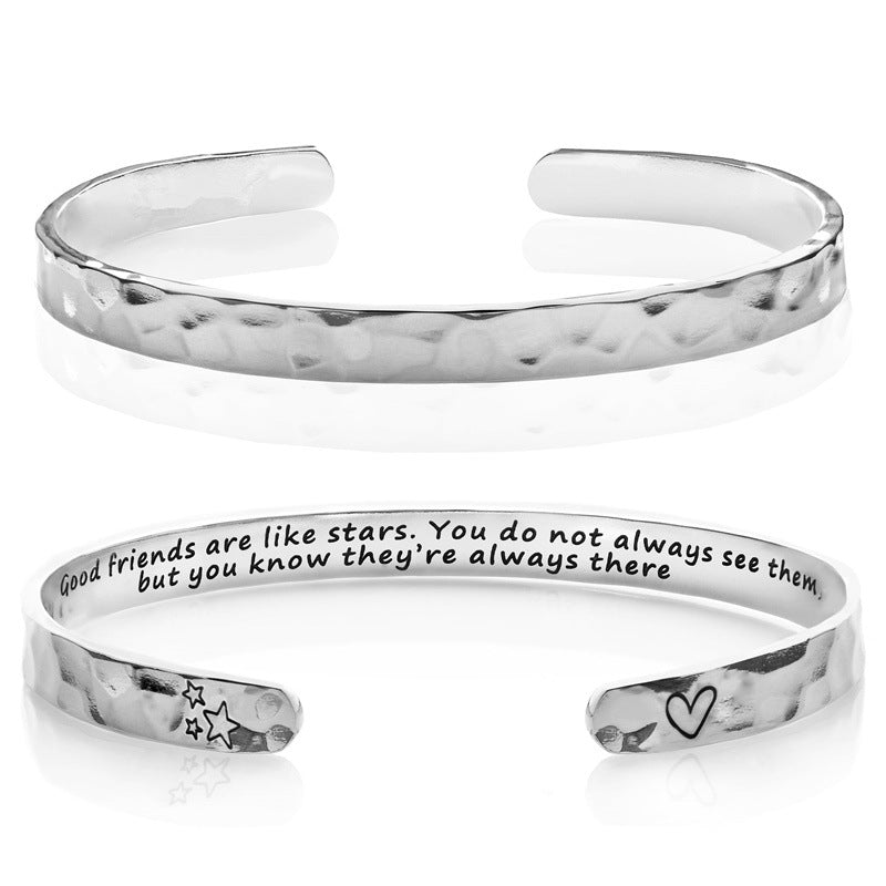 Minimalist Stainless Steel Engraved Open Moon Surface Textured Hammered Bracelet