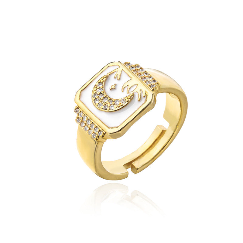 18K Gold Plated Brass Drip Oil Star Moon Geometric Ring for Women