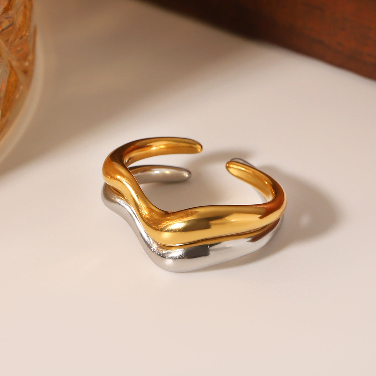 Minimalist Wave-Shaped Stainless Steel Open Ring for Women with Plated Finish and Ocean-Inspired Design