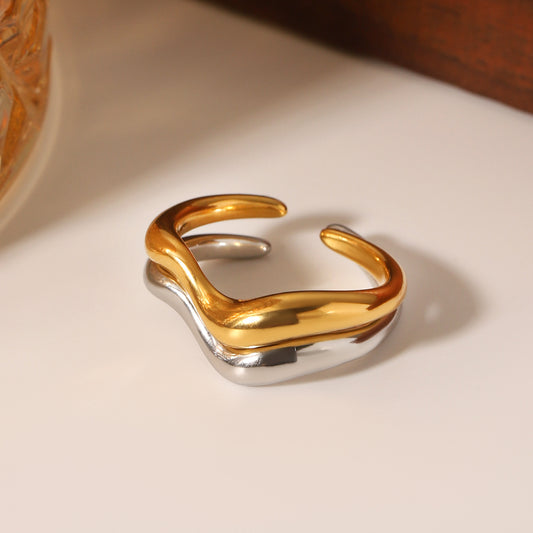 Minimalist Wave-Shaped Stainless Steel Open Ring for Women with Plated Finish and Ocean-Inspired Design