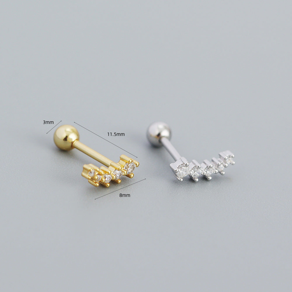 Geometric Rhinestone-Set S925 Sterling Silver Screw Back Earrings for Women, Fresh and Sweet Style