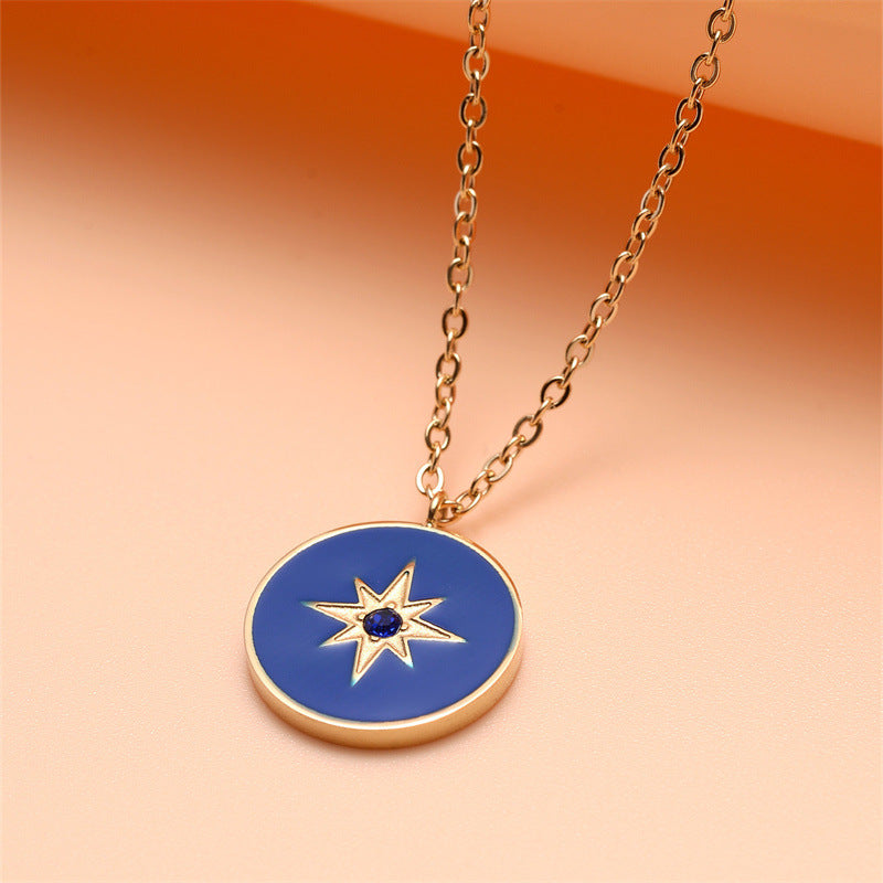Minimalist Geometric Stainless Steel Sky Blue Eight-Pointed Star Rhinestone Pendant Necklace with Enamel Finish