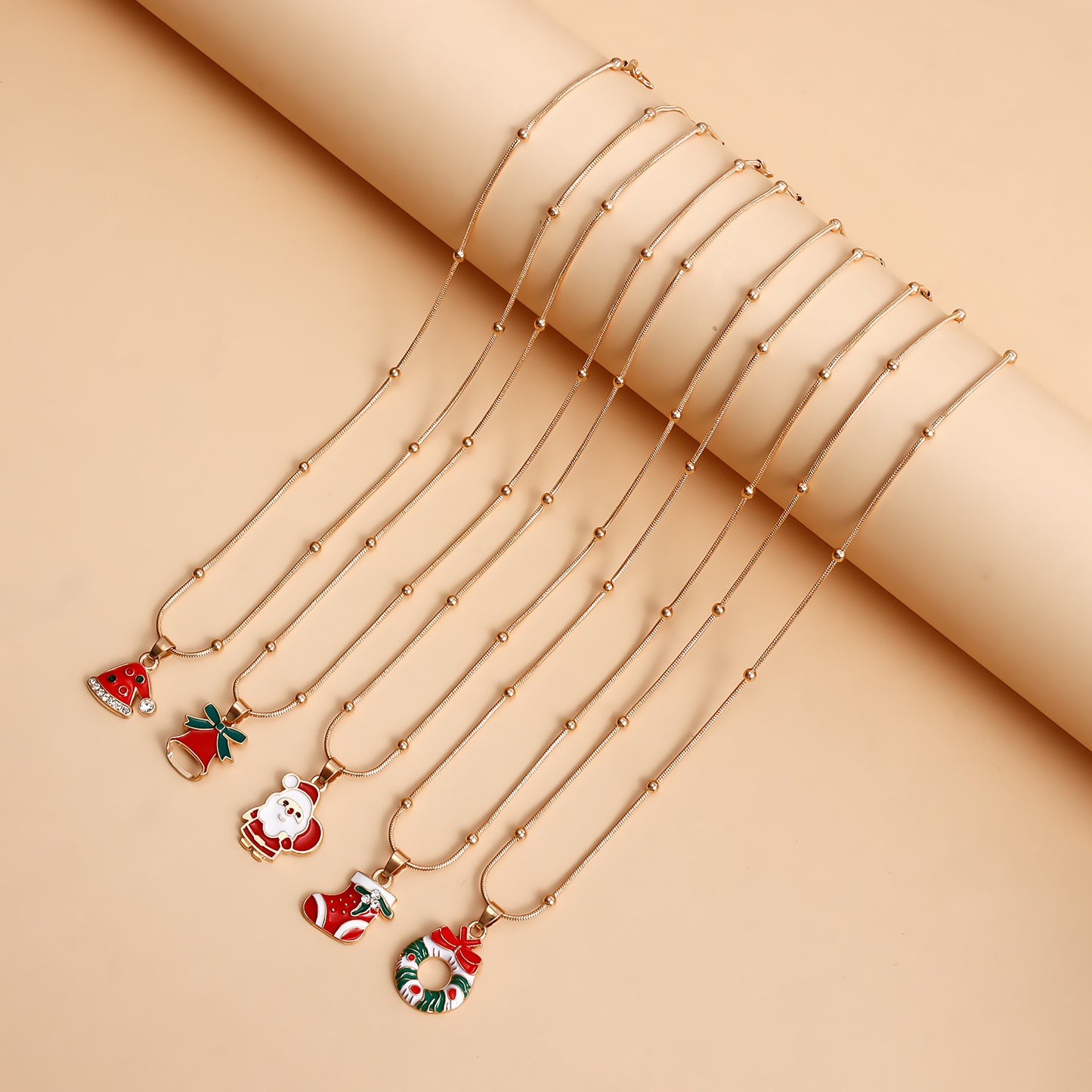 Vintage Christmas Necklace for Women with Geometric Pendant, Electroplated Metal Choker Chain, Santa and Snowflake Enamel Design