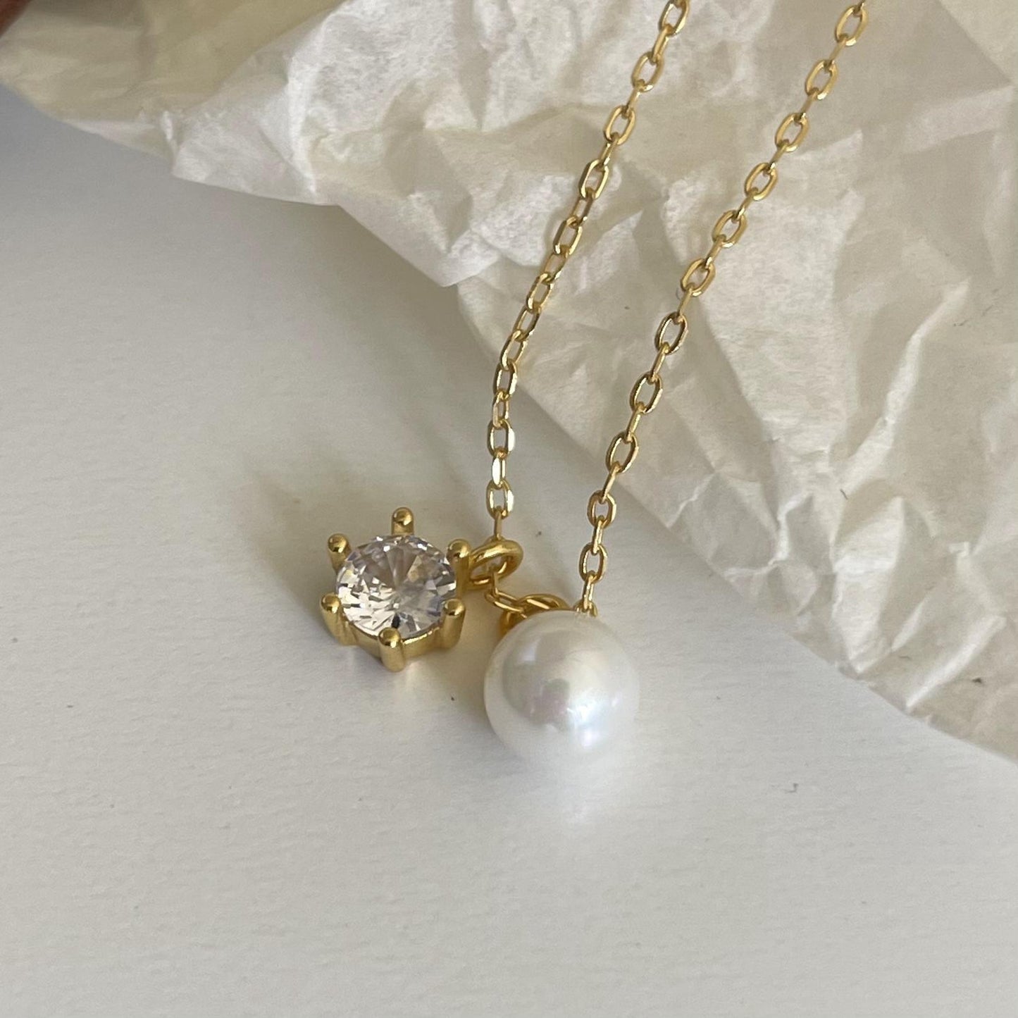 Minimalist Geometric Pendant Necklace in 925 Sterling Silver with Zircon and Pearl Accents