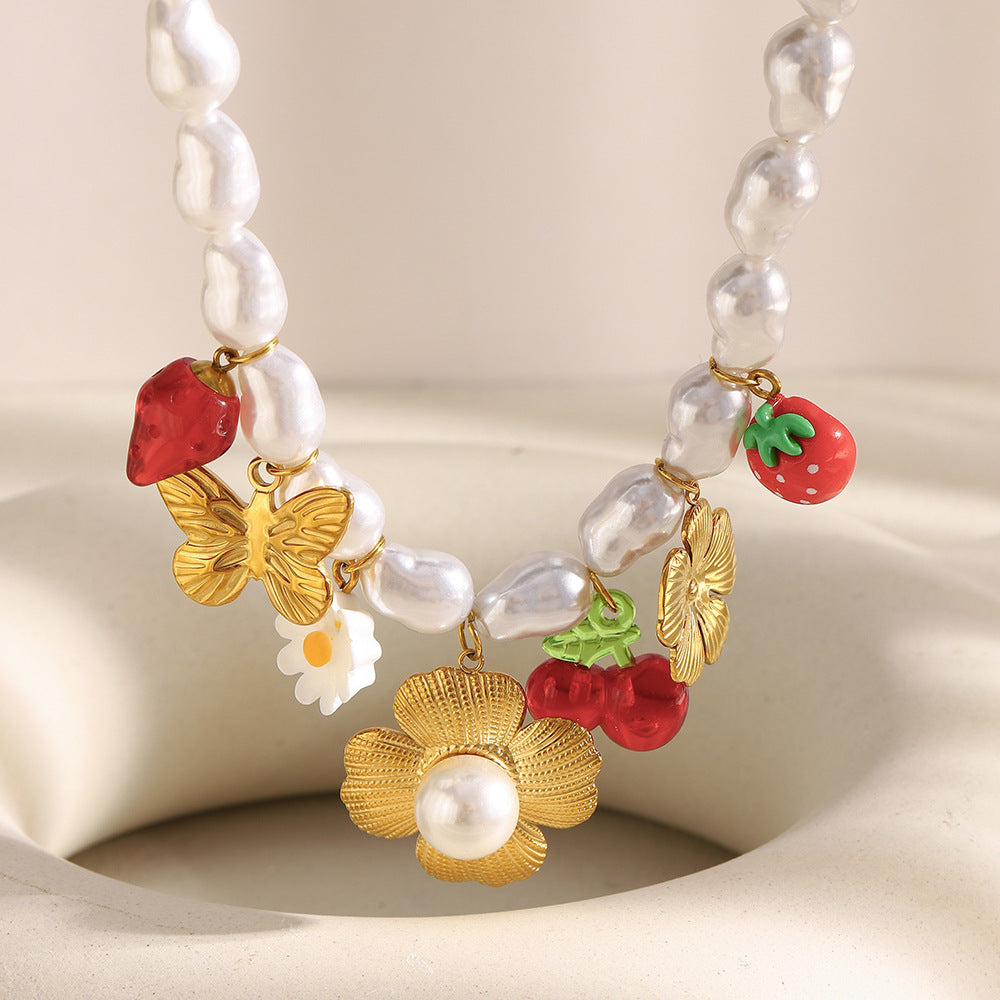 Baroque Floral Butterfly Pendant Necklace for Women in Stainless Steel with 18K Gold Plating and Simulated Pearl Accents