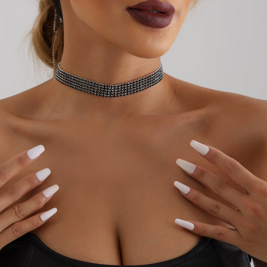 Geometric Style Black Rhinestone-Encrusted Multi-Row Claw-Set Necklace for Women Fashionable Clavicle Chain