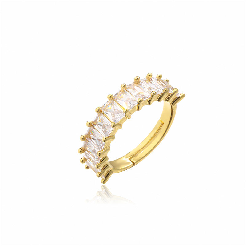 Anello in Rame con Forma Geometrica, Zirconi Micro-Incastonati, per Donna, con Fascia Aperta Regolabile Placcata Oro