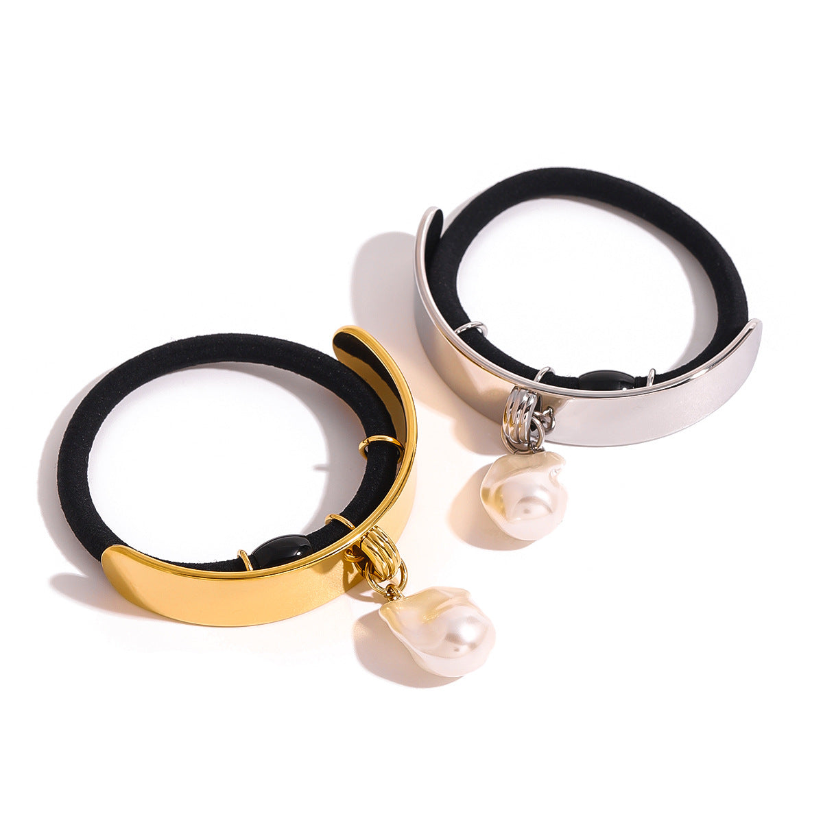 Sweet and Edgy Pearl Pendant Hair Tie with Electroplated Stainless Steel Band for Women