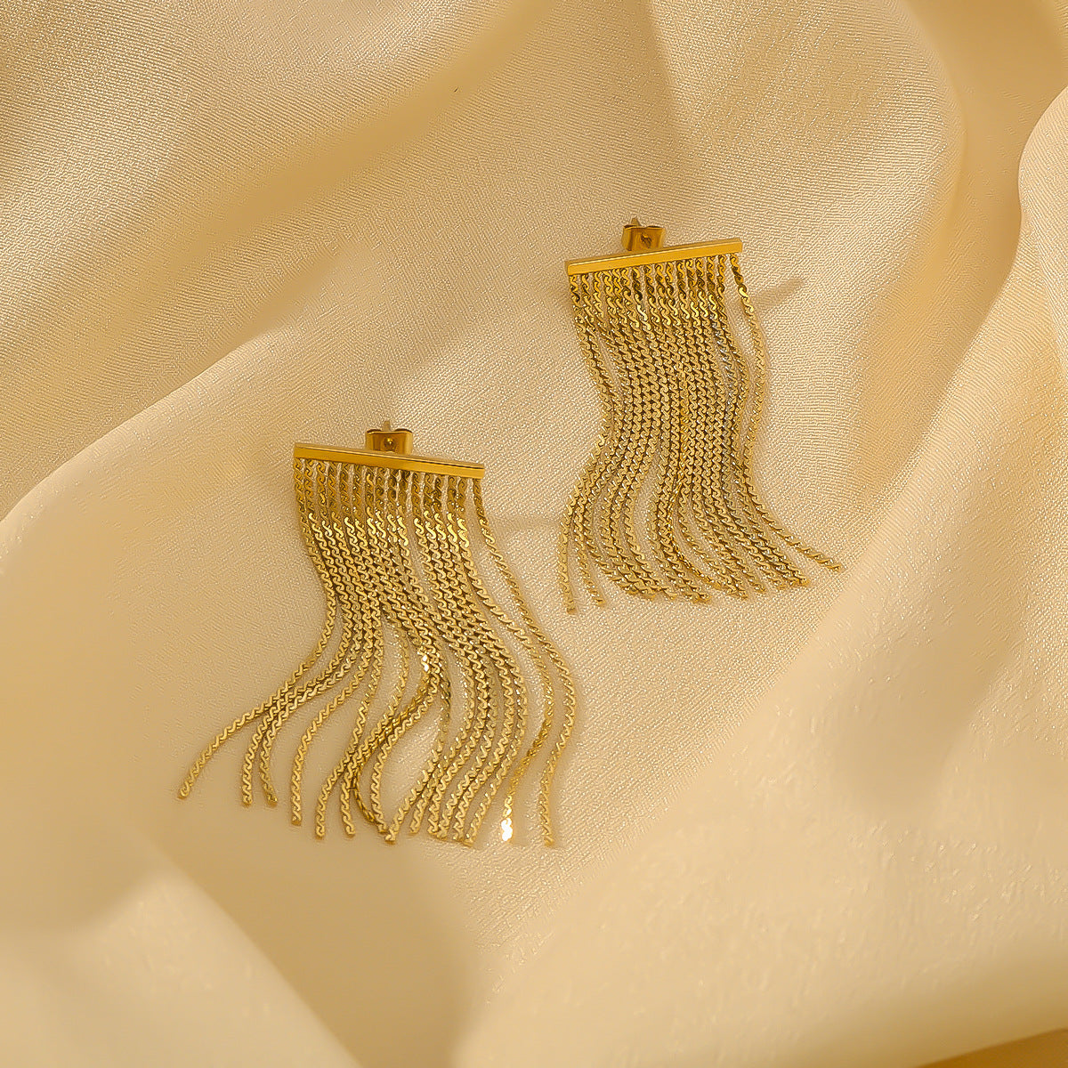 Luxury Stainless Steel Tassel and Chain Earrings for Women with 18K Vacuum Plating Finish