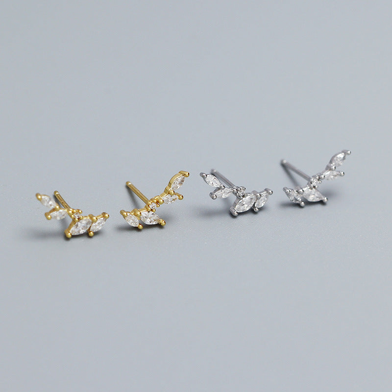 Sweet 925 Sterling Silver Geometric Leaf Olive Branch Cubic Zirconia Stud Earrings