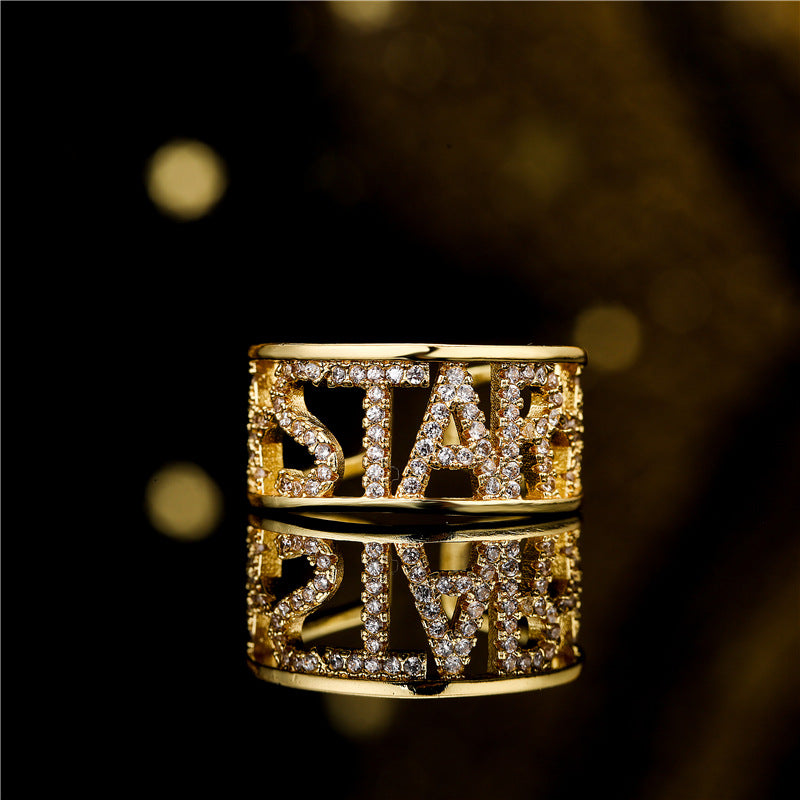 Sweet 18K Gold Plated Geometric Star Brass Ring with Micro-Inlay