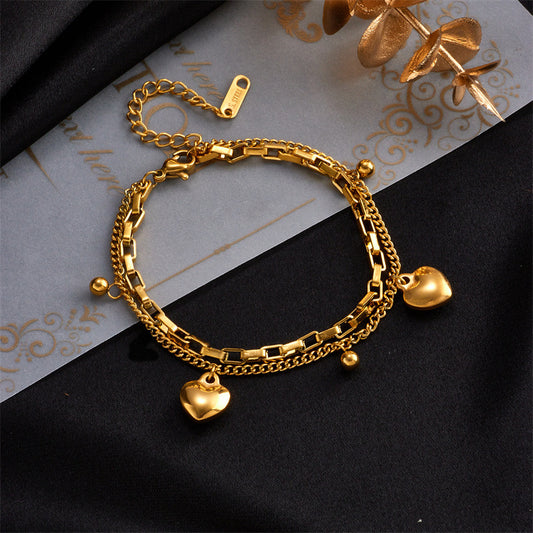 Pulsera Punk Minimalista de Acero de Titanio con Doble Capa y Diseño de Corazón con Detalles de Cadena