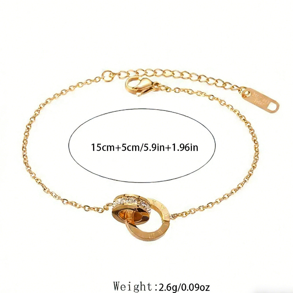 Minimalist Elegant 18K Gold Plated Geometric Round Double Ring Roman Numeral Stainless Steel Bracelet for Women