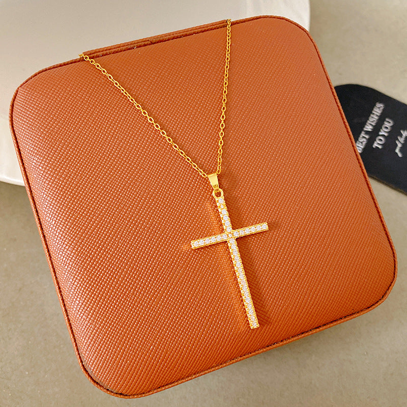 Sporty Sweet 18K Gold Plated Cross Titanium Steel Necklace with Cubic Zirconia for Women