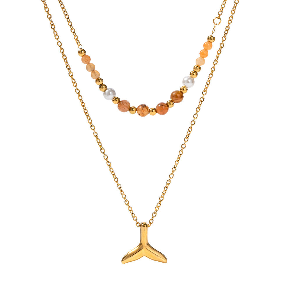 Fashionable 18K Gold Plated Stainless Steel Double Layer Fish Tail Pendant Necklace for Women