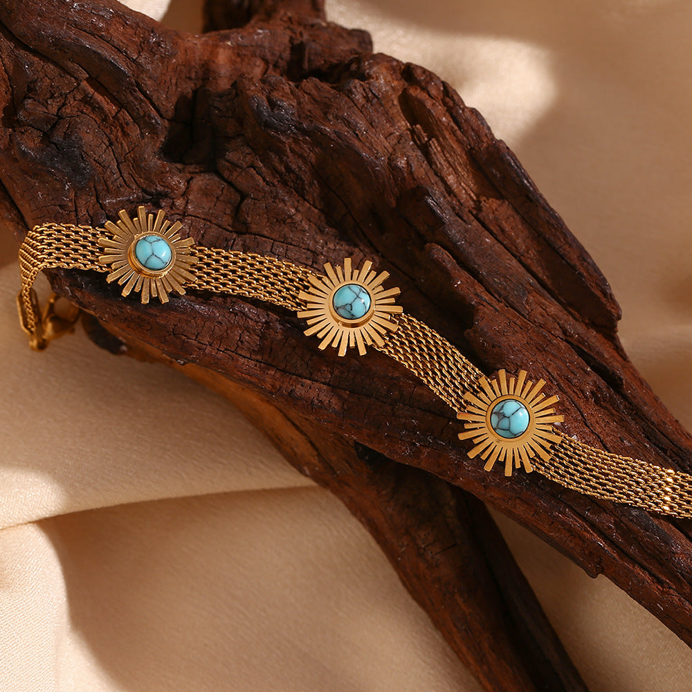 Pulsera de mujer con cuentas turquesas y girasol geométrico de inspiración vintage, en acero inoxidable con baño de oro de 18 quilates