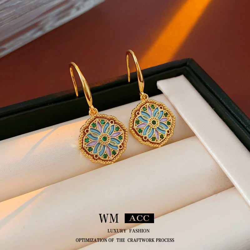 Orecchini da donna vintage chic floreali e geometrici in rame con intarsio di zirconi e finitura smaltata