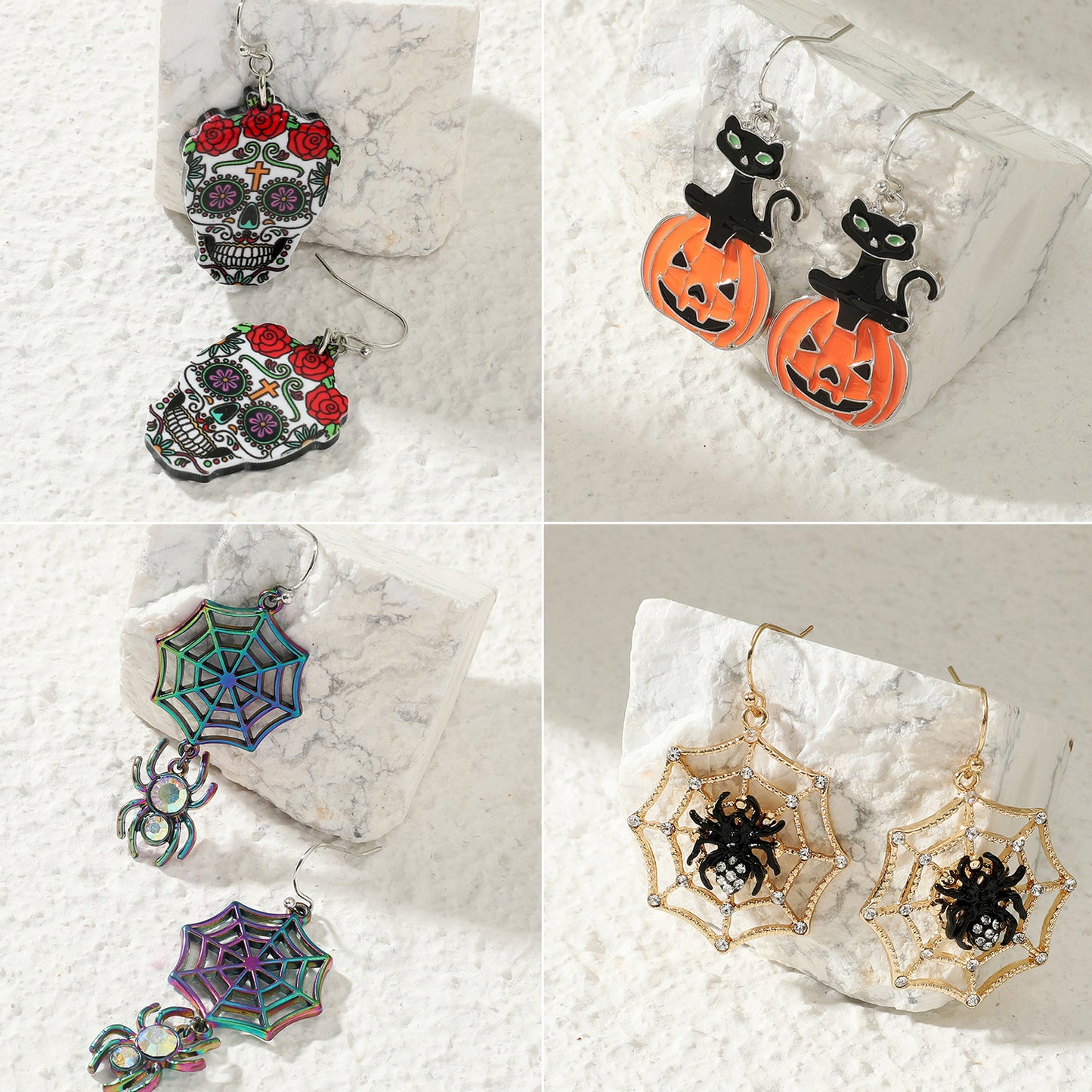 Pendientes de Araña y Calavera con Temática de Halloween y Motivo de Calabaza en Aleación con Acabado Chapado en Oro para Uso Unisex