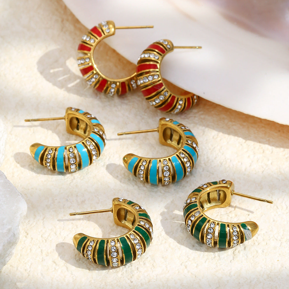 Minimalist Geometric Stainless Steel 18K Gold Plated Hollow C-Shaped Rhinestone Accent Enamel Drop Earrings for Women