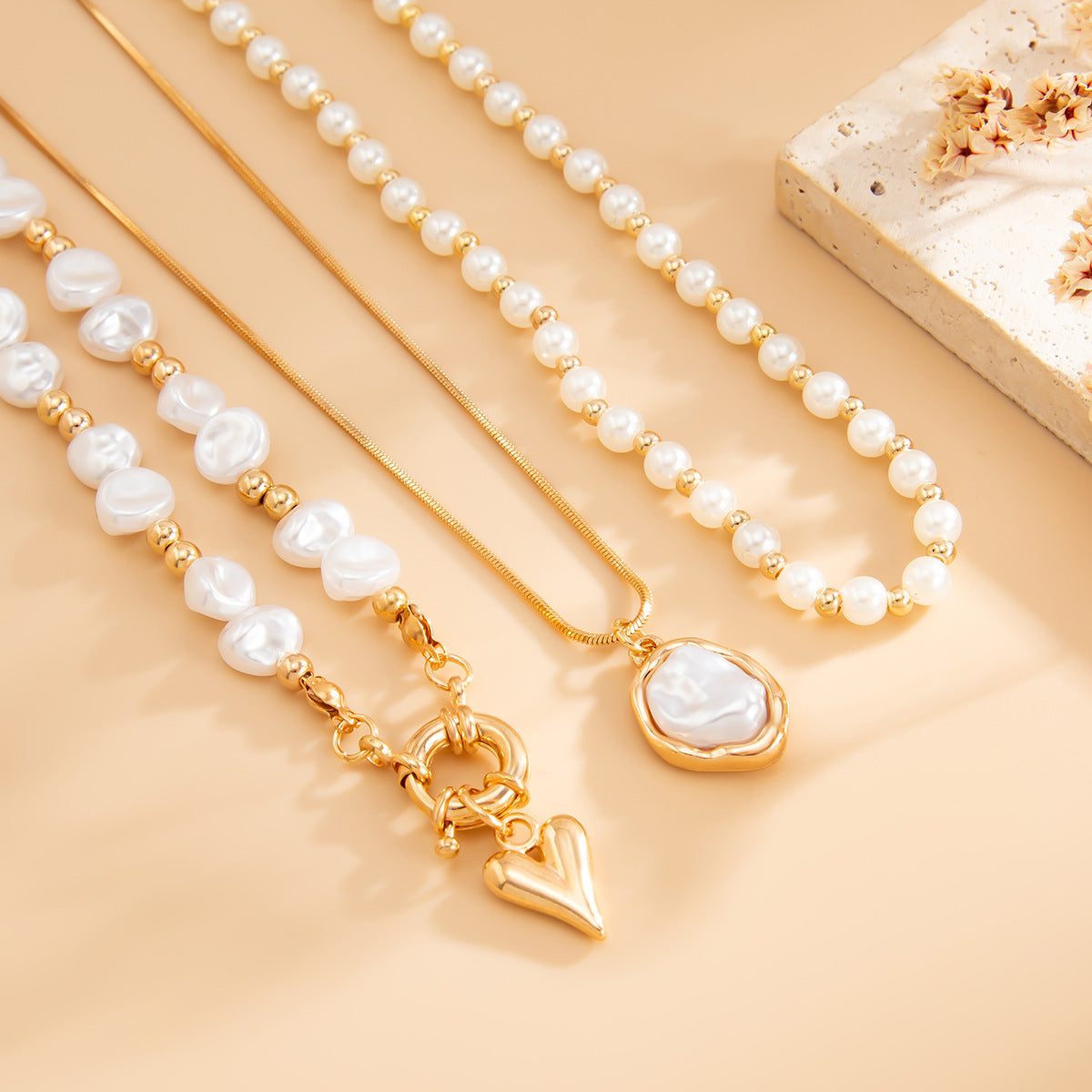 Minimalist Baroque Pearl Heart Necklace for Women with Alloy Pendant and Electroplated Finish, Multi-Layer Beaded Choker with Irregular Chain Design