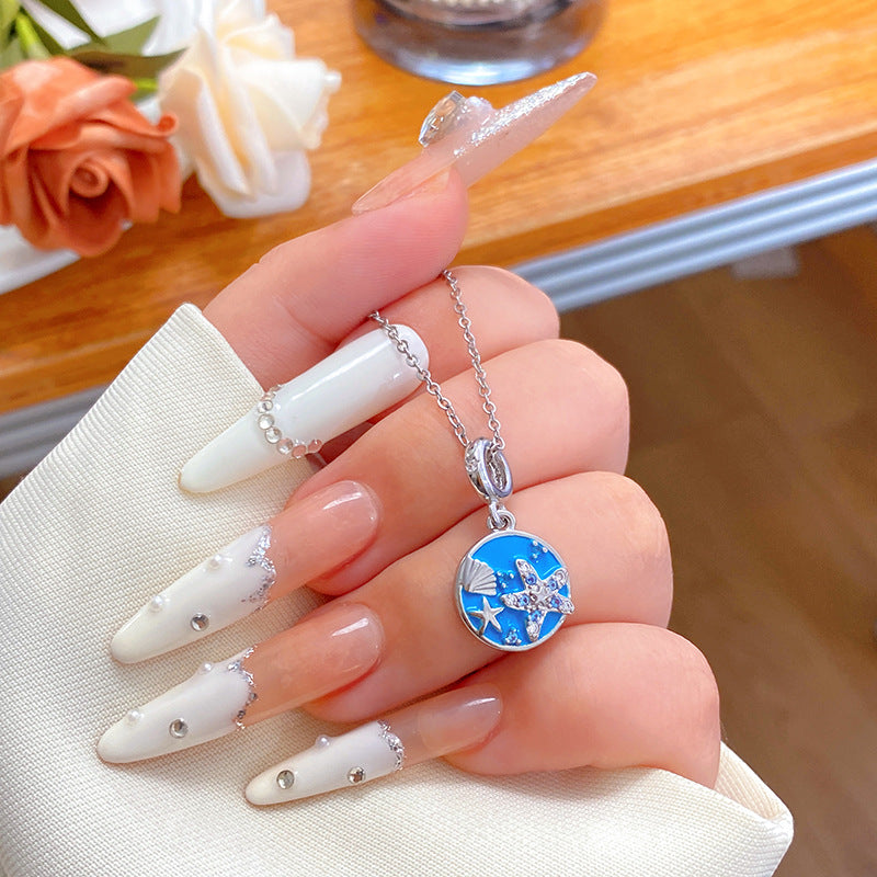 Minimalist Sweet Blue Cubic Zirconia Paved Dolphin Pendant Titanium Steel Plated Necklace for Unisex