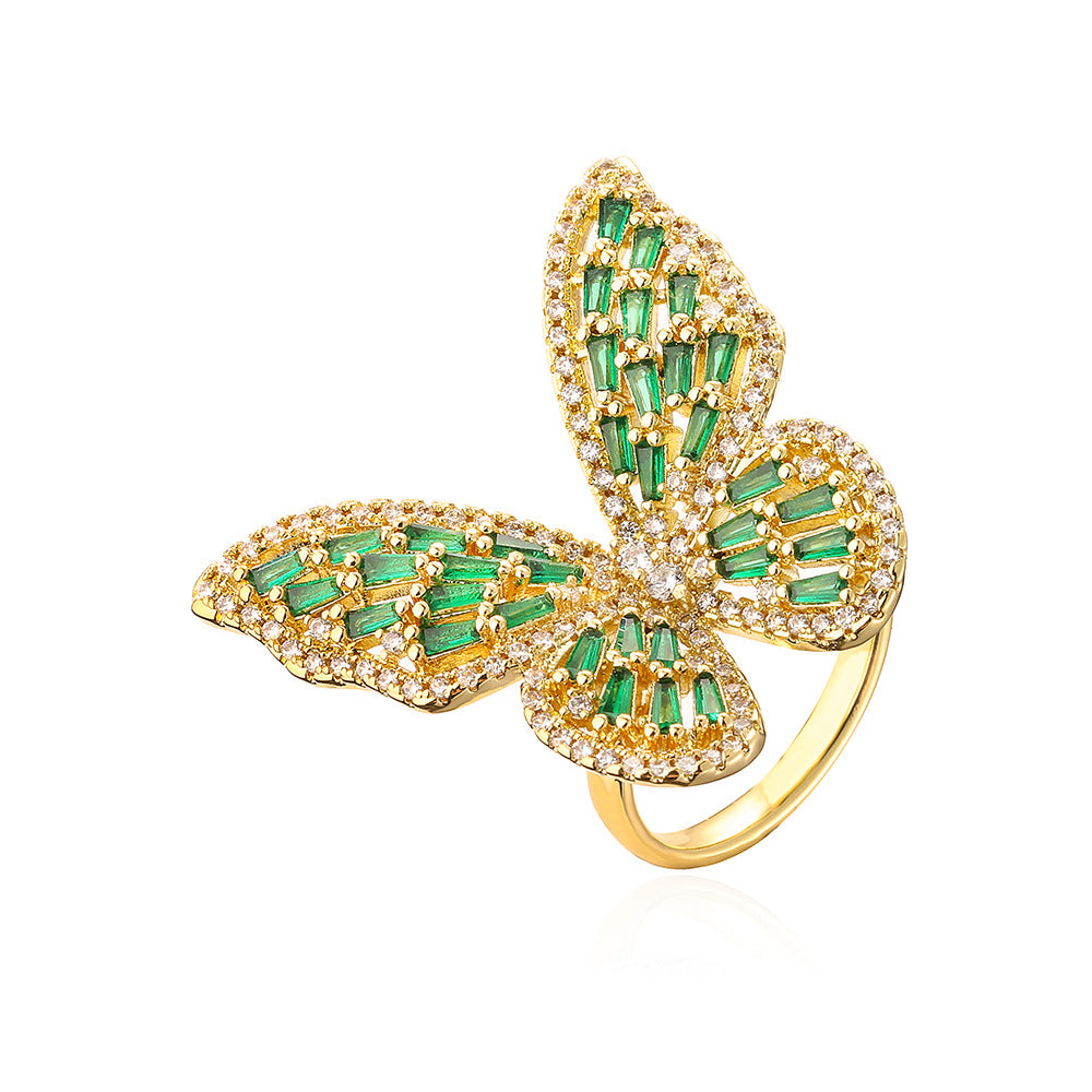 Elegant Luxury Butterfly-Shaped Ring for Women Made of Copper with Real Gold Plating and Micro-Pavé Colored Zirconia